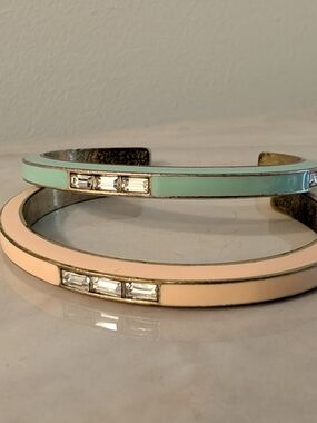 J Crew Mint and Peach Enamel Cuff Bracelets with Crystal Accents